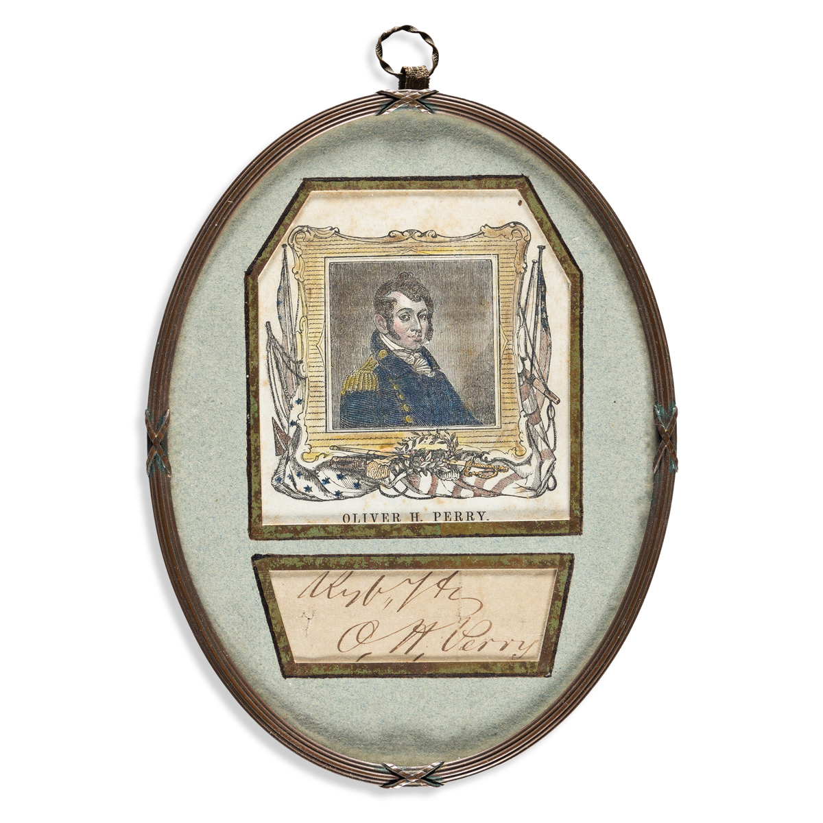 (WAR OF 1812.) Cut signatures of naval heroes Oliver Hazard Perry and James Lawrence in matching frames.